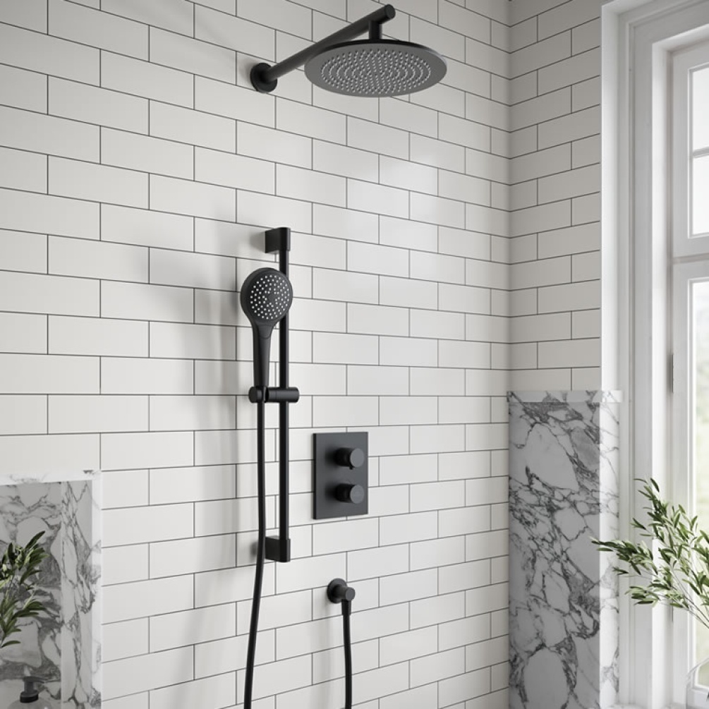 Lifestyle image of Villeroy & Boch Matt Black Verve Round Slide Rail Shower Set
